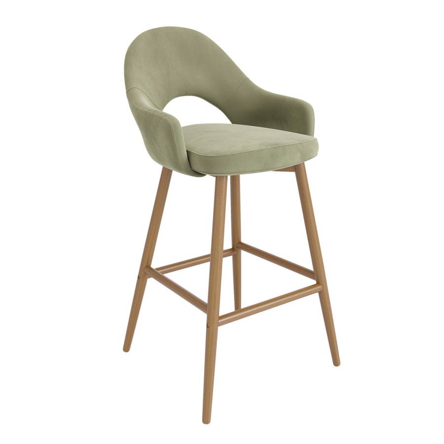Set of 2 Oak and Sage Green Velvet Kitchen Stools with Back - Colbie
