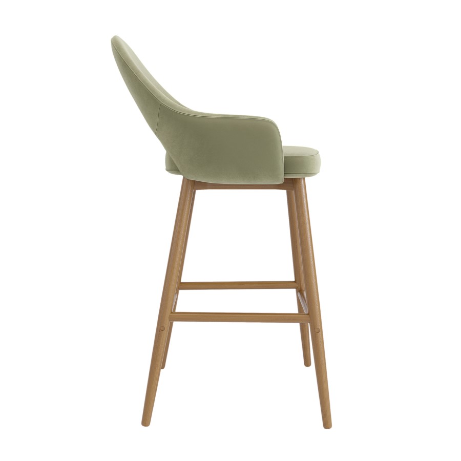 Set of 2 Oak and Sage Green Velvet Kitchen Stools with Back - Colbie