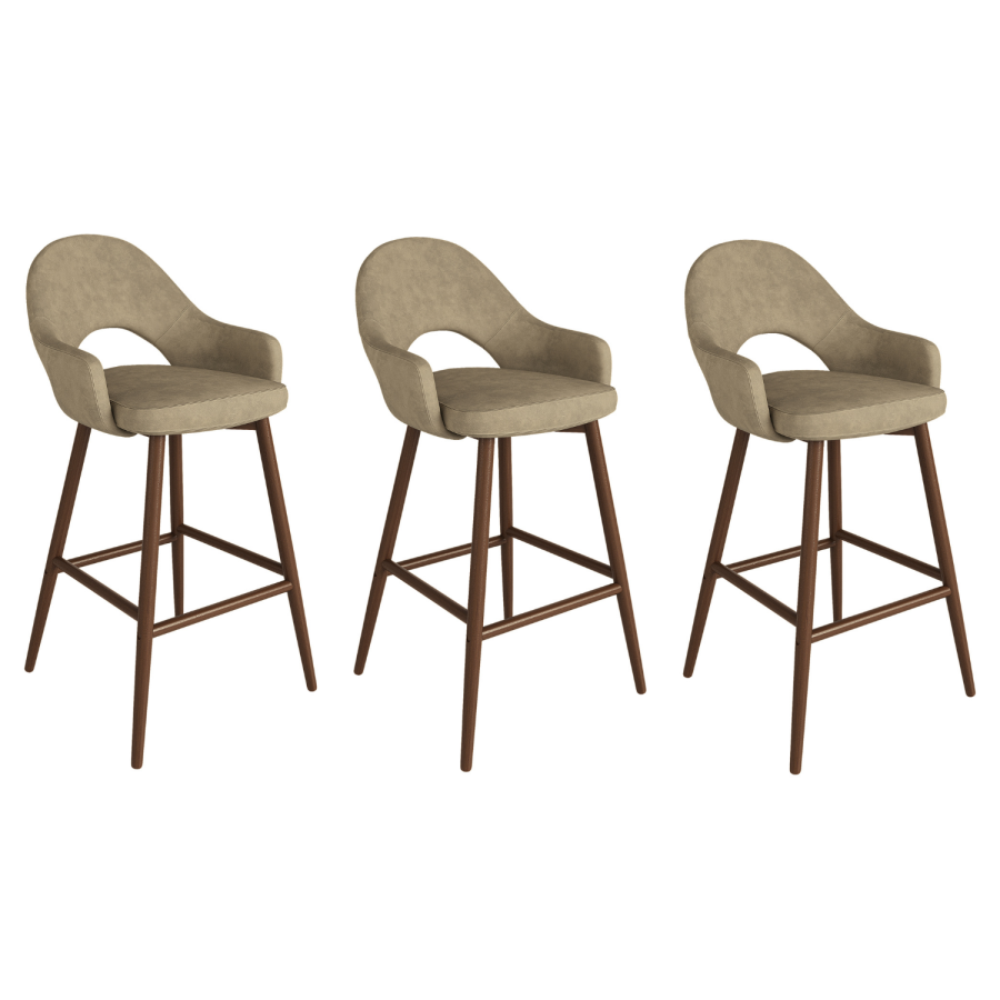 Set of 3 Walnut and Beige Faux Leather Kitchen Stools with Back - Colbie