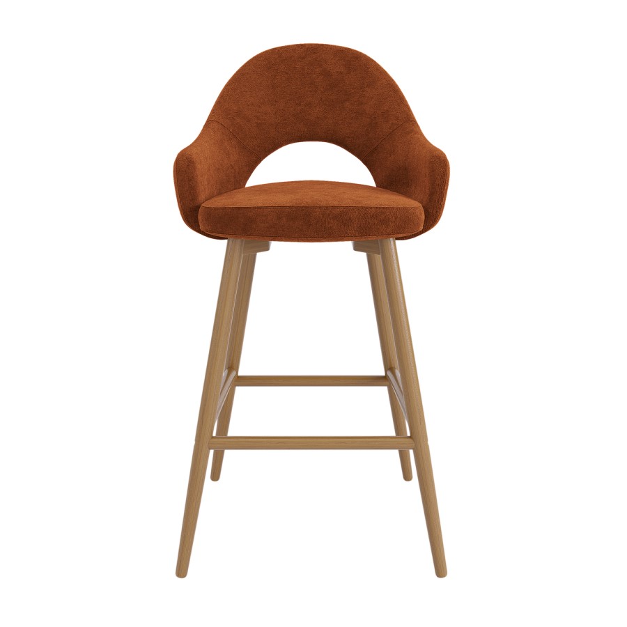 Set of 4 Oak and Burnt Orange Upholstered Kitchen Stools with Back - Colbie