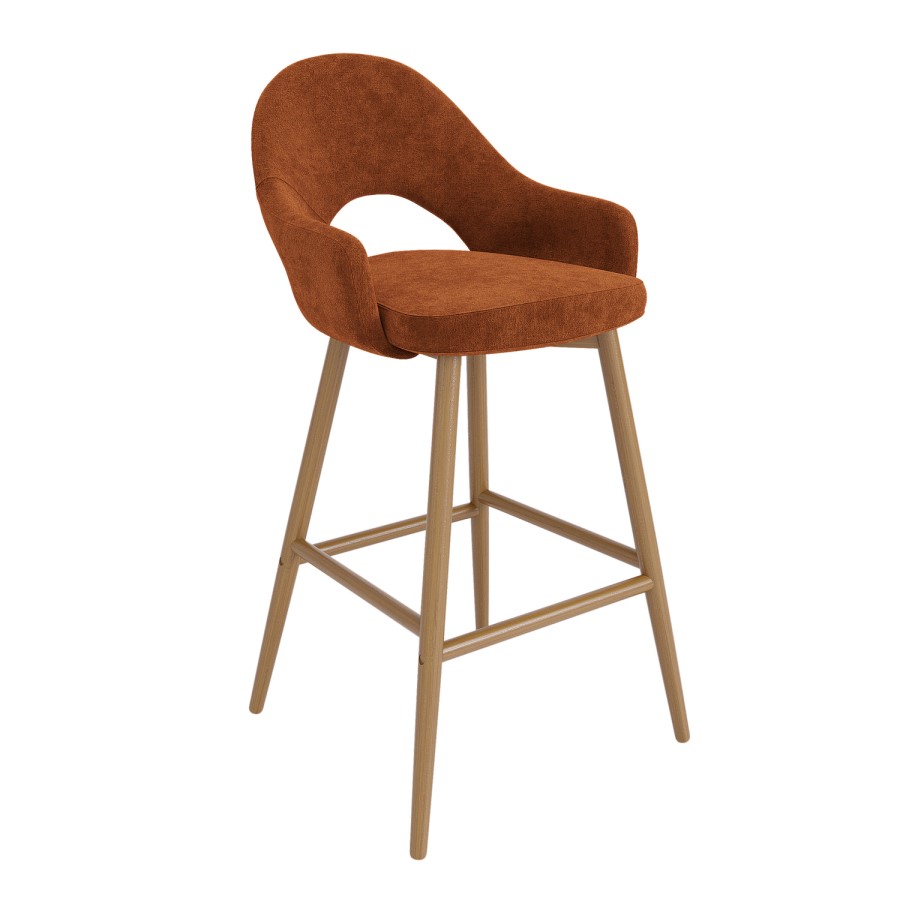 Set of 4 Oak and Burnt Orange Upholstered Kitchen Stools with Back - Colbie