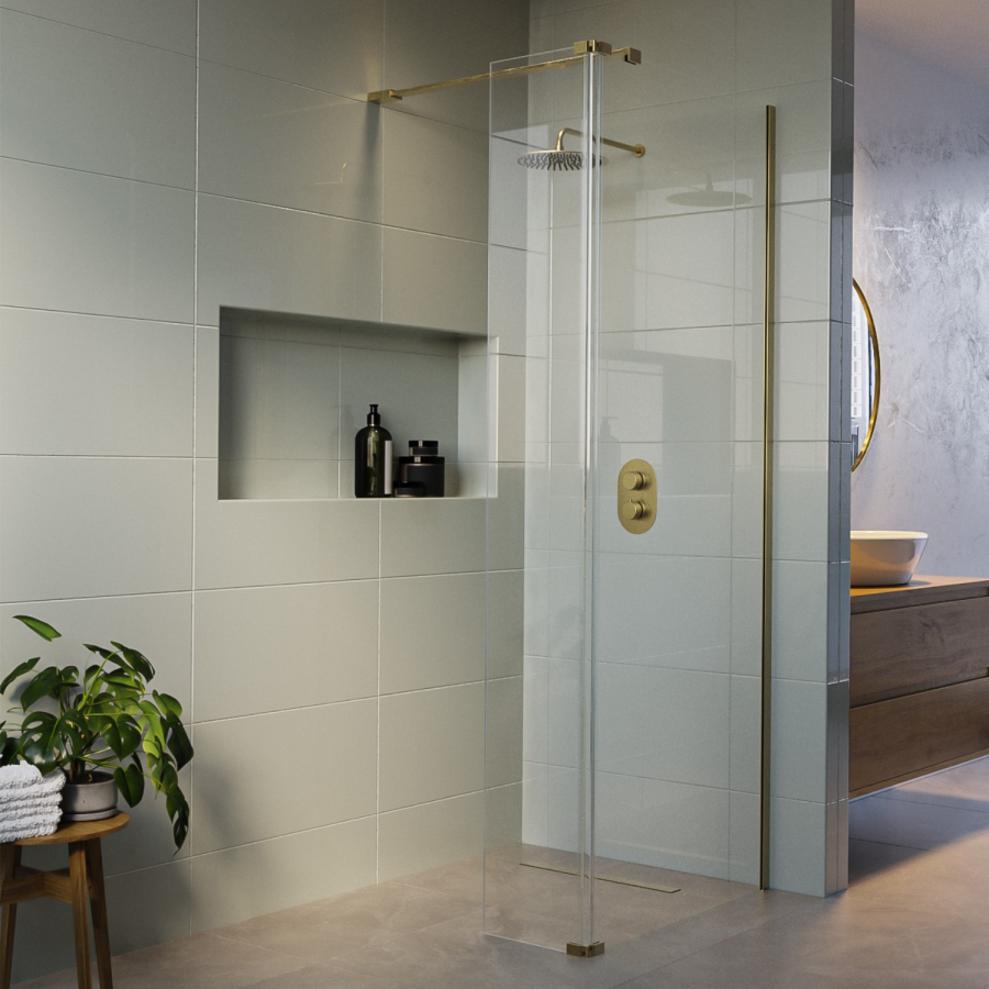 1000mm Brushed Brass Shower Screen for Wet Room & Walk In Shower with 300mm Hinged Flipper Return Panel – Corvus