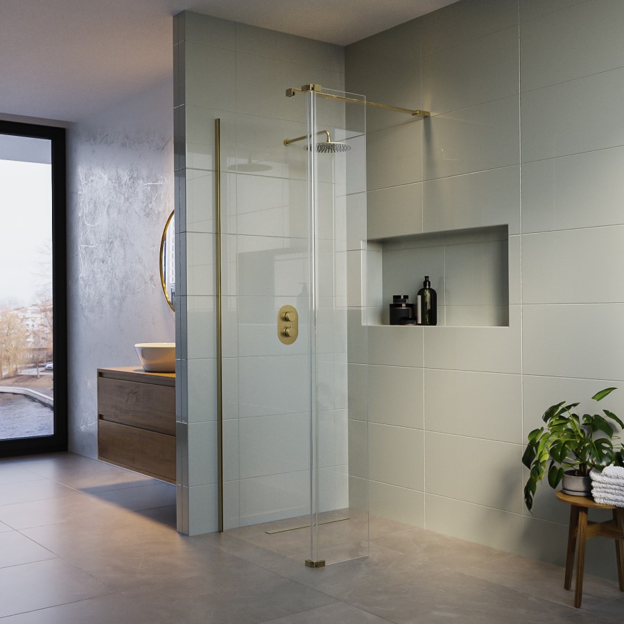 900mm Brushed Brass Shower Screen for Wet Room & Walk In Shower with 300mm Hinged Flipper Return Panel – Corvus