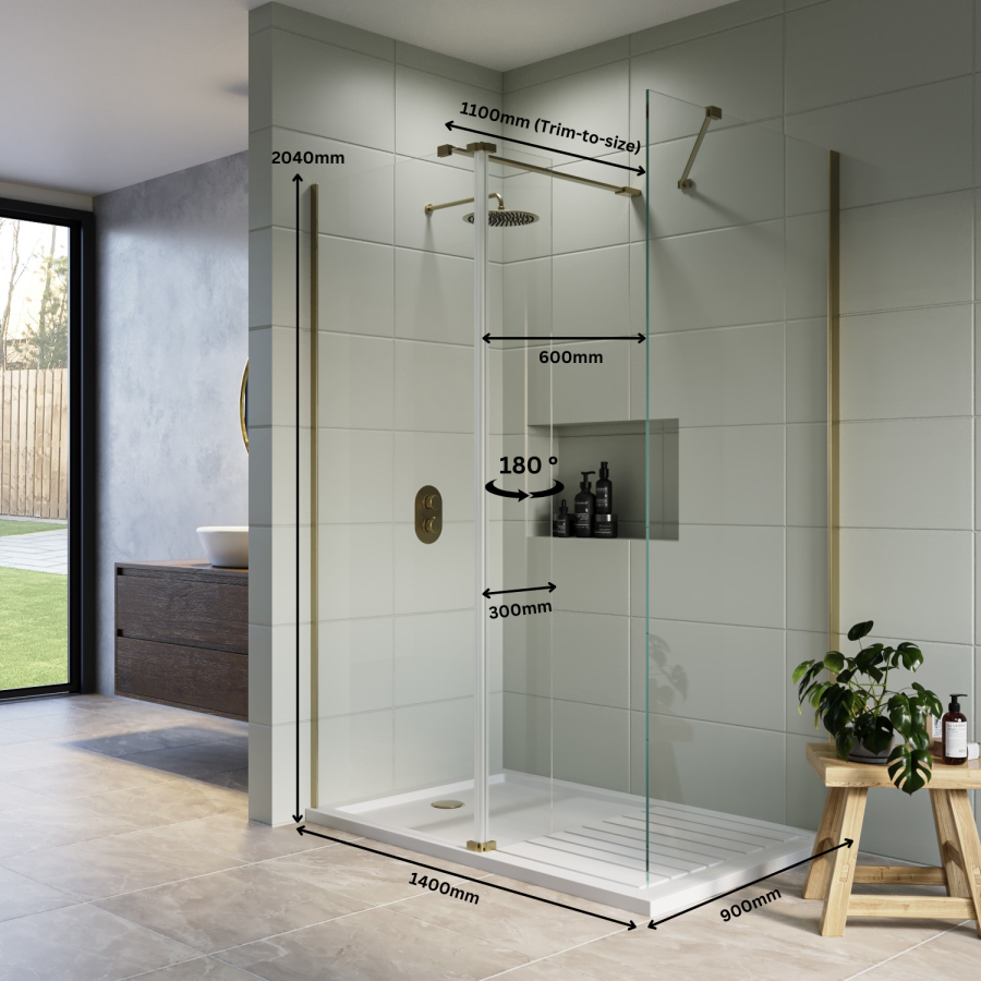 1400x900mm Brushed Brass Walk-In Shower Screen Enclosure with 300mm Hinged Flipper Return Panel and Shower Tray – Corvus