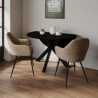 Round Black Drop Leaf Dining Table Set with 2 Beige Faux Leather Chairs - Seats 2 - Carson