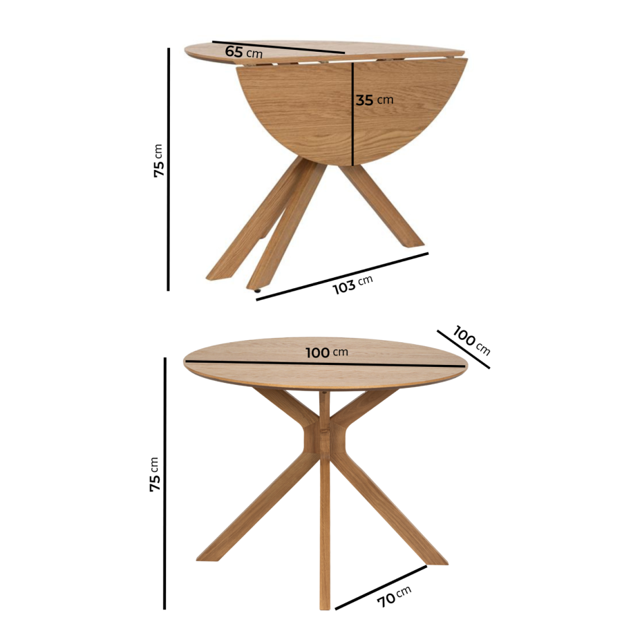 Round Oak Drop Leaf Dining Table Set with 2 Beige Upholstered Chairs - Seats 2 - Carson
