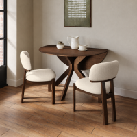 Round Walnut Drop Leaf Dining Table Set with 2 Cream Upholstered Chairs - Seats 2 - Carson
