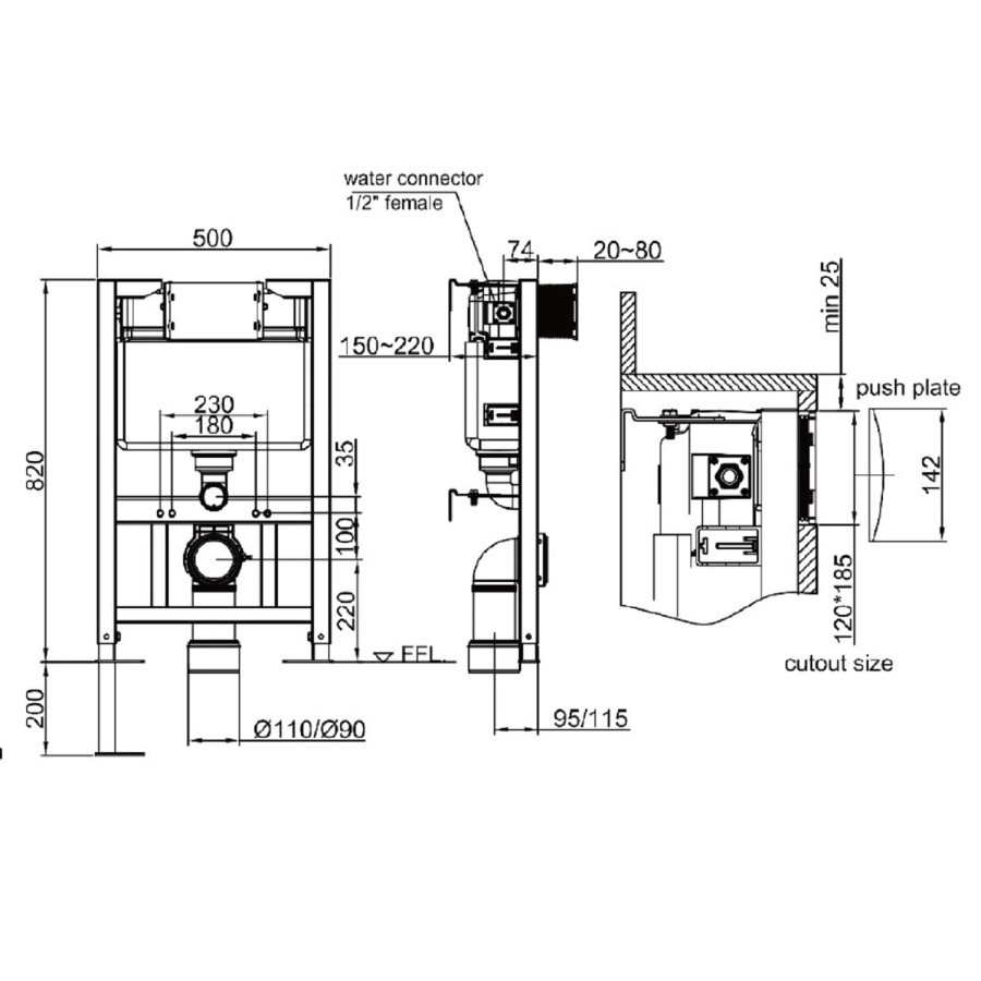 820mm Wall Hung Toilet Frame with Gunmetal Pneumatic Dual Flush Plate & Concelead Cistern - Elira