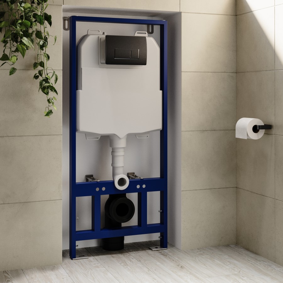 Wall Hung Toilet with Soft Close Toilet Seat, Gunmetal Flush Plate, 1168mm Frame & Cistern - Alcor 