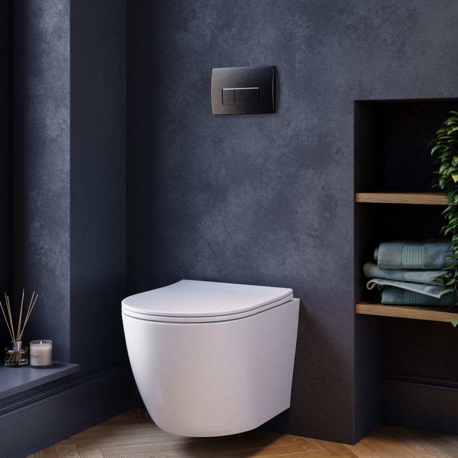 Wall Hung Rimless Toilet with Soft Close Seat, Gunmetal Pneumatic Flush Plate, 1168mm Frame & Cistern – Roma