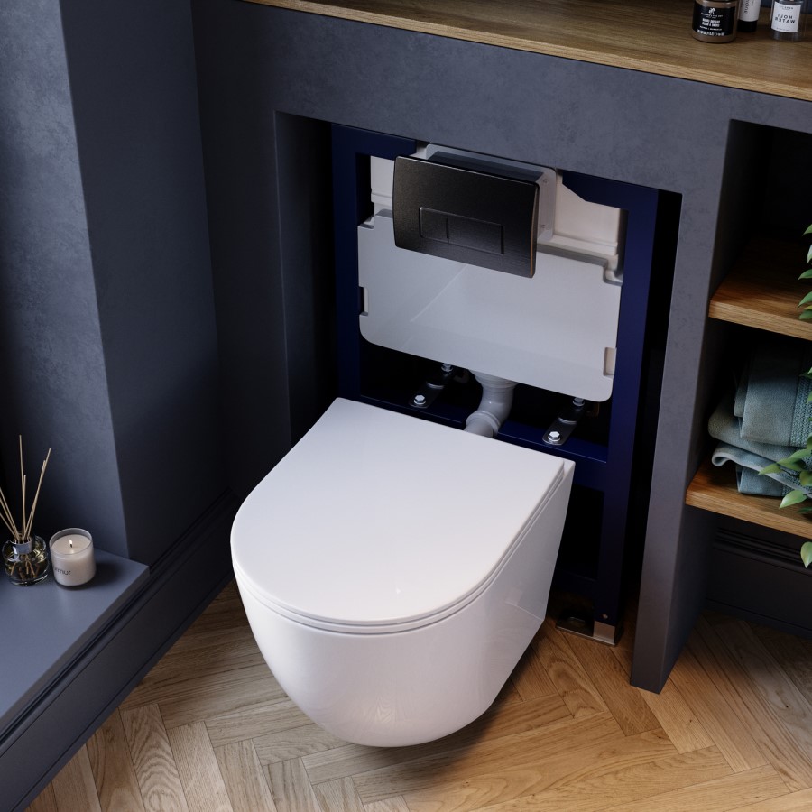 Wall Hung Rimless Toilet with Soft Close Seat, Gunmetal Pneumatic Flush Plate, 820mm Frame & Cistern – Roma