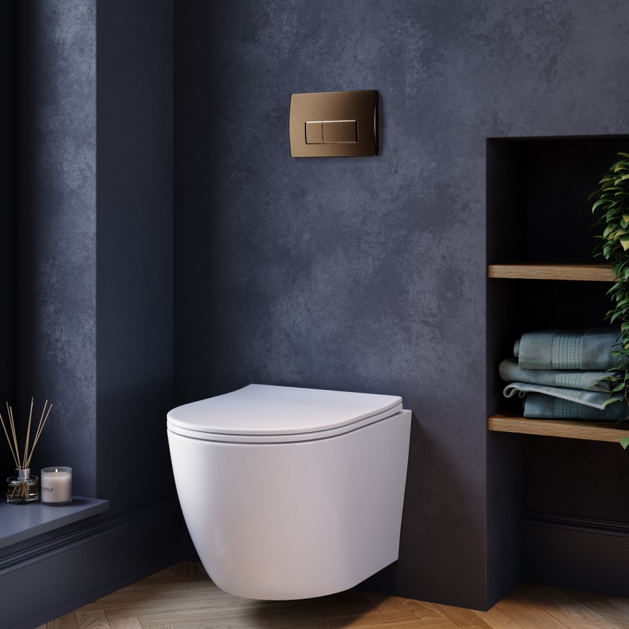 Wall Hung Rimless Toilet with Soft Close Seat, Brushed Bronze Pneumatic Flush Plate, 1168mm Frame & Cistern – Roma