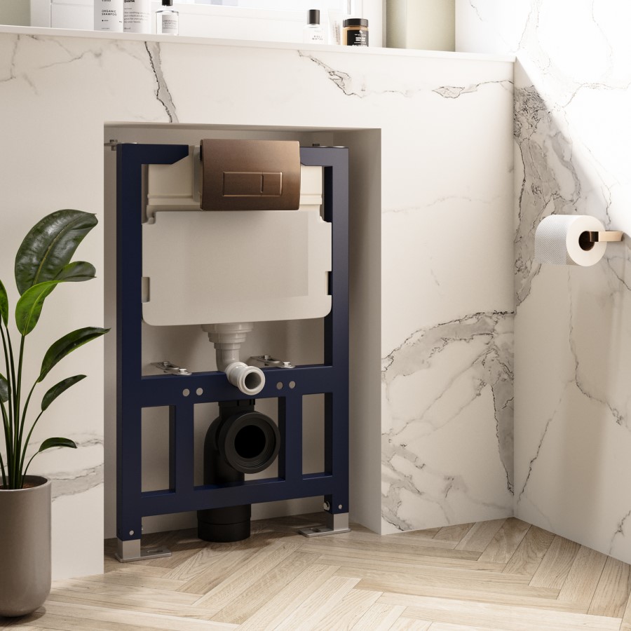Elira Wall Hung Toilet with Smart Bidet &  Brushed Bronze Pneumatic Flush Plate 820mm Frame &  Cistern - Purificare