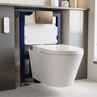 Elira Wall Hung Toilet with Smart Bidet &  Brushed Bronze Pneumatic Flush Plate 820mm Frame &  Cistern - Purificare