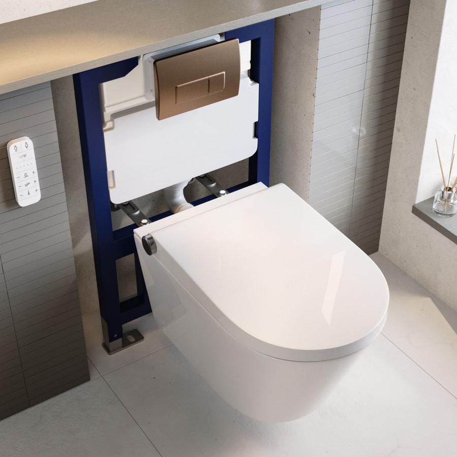 Elira Wall Hung Toilet with Smart Bidet &  Brushed Bronze Pneumatic Flush Plate 820mm Frame &  Cistern - Purificare