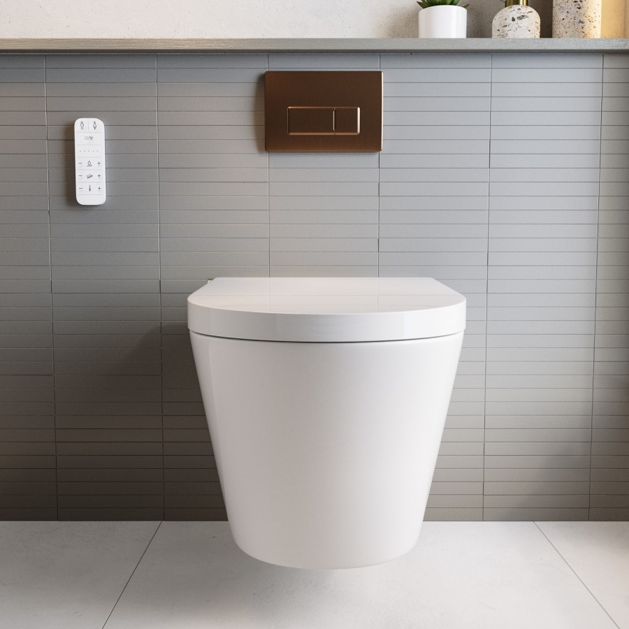 Elira Wall Hung Toilet with Smart Bidet &  Brushed Bronze Pneumatic Flush Plate 820mm Frame &  Cistern - Purificare