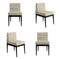 Set of 4 Black and Beige Upholstered Mid Century Sculpted Dining Chairs with Wooden Legs - Freja