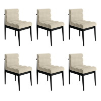 Set of 6 Black and Beige Upholstered Mid Century Sculpted Dining Chairs with Wooden Legs - Freja