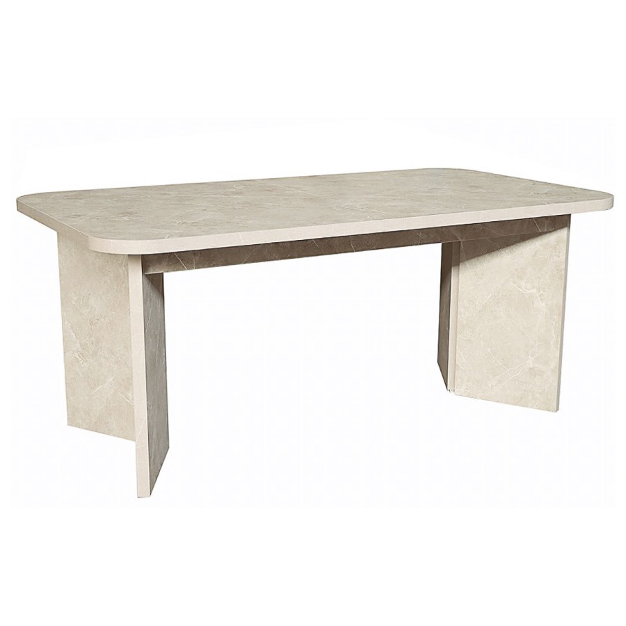 Large Rectangular Beige Marble Effect Extendable Dining Table Set with 6 Boucle Chairs - Seats 6 - Geneva