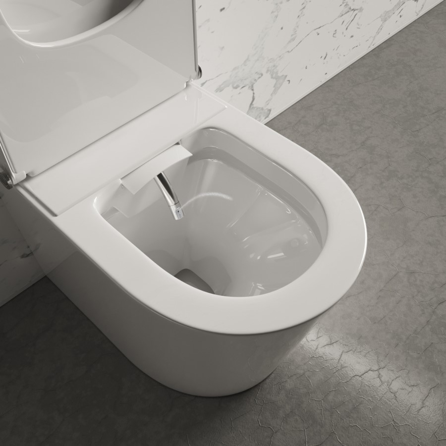 Back to Wall Smart Bidet Japanese Toilet with Black Glass Cabinet, Cistern & Pneumatic Dual Flush Button - Purificare