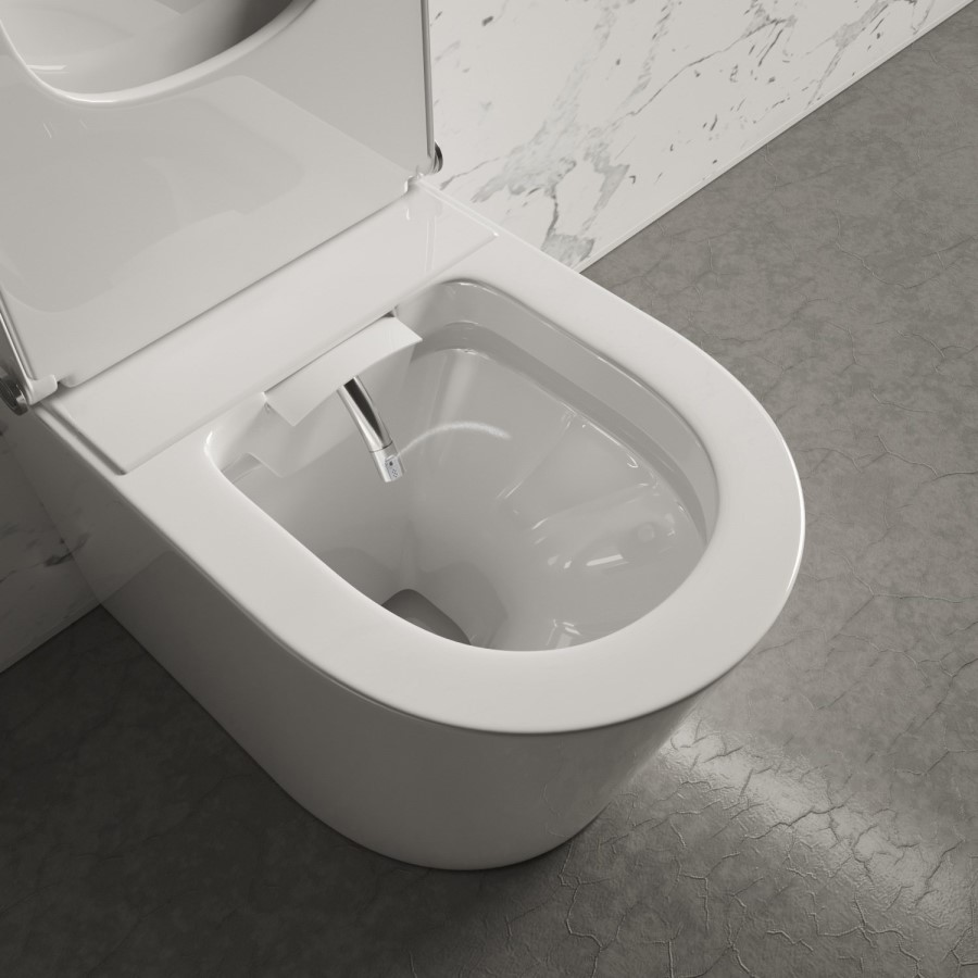 Back to Wall Smart Bidet Japanese Toilet with White Glass Cabinet, Cistern & Pneumatic Dual Flush Button - Purificare