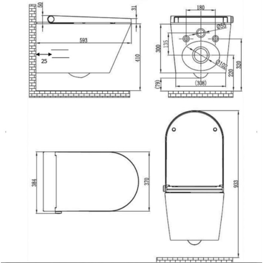 Wall Hung Smart Bidet Japanese Toilet with Black Glass Cabinet, Frame, Cistern & Pneumatic Dual Flush Button - Purificare