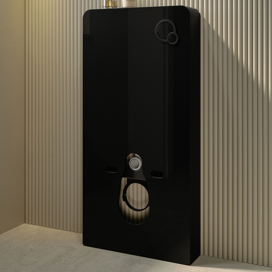 Wall Hung Smart Bidet Japanese Toilet with Black Glass Cabinet, Frame, Cistern & Pneumatic Dual Flush Button - Purificare