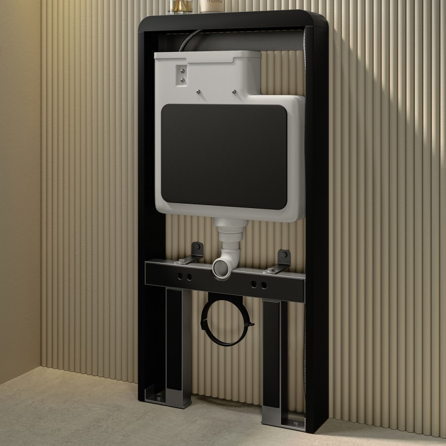 Wall Hung Smart Bidet Japanese Toilet with Heated Seat, Black Glass Cabinet, Frame, Cistern & Pneumatic Dual Flush Button - Purificare