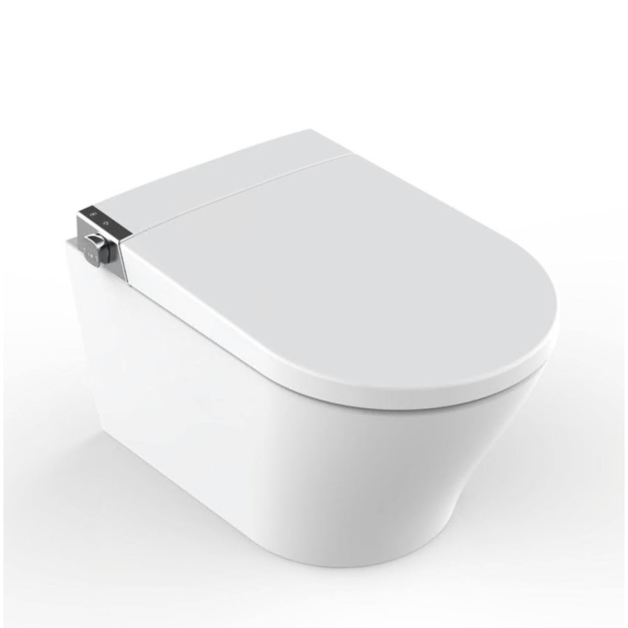 Wall Hung Smart Bidet Japanese Toilet with Heated Seat, White Glass Cabinet, Frame, Cistern & Pneumatic Dual Flush Button - Purificare