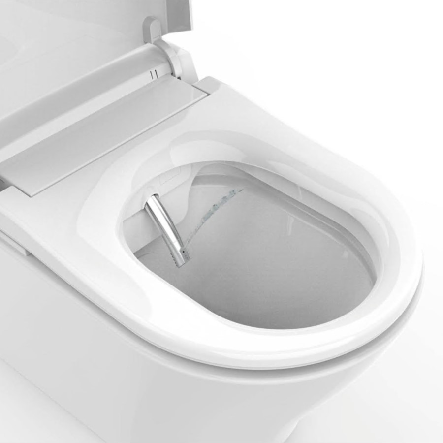 Wall Hung Smart Bidet Japanese Toilet with Heated Seat, White Glass Cabinet, Frame, Cistern & Pneumatic Dual Flush Button - Purificare