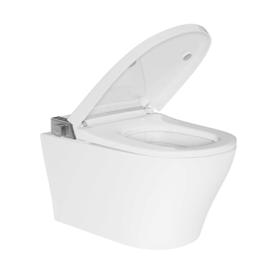 Wall Hung Smart Bidet Japanese Toilet with Heated Seat, White Glass Cabinet, Frame, Cistern & Pneumatic Dual Flush Button - Purificare