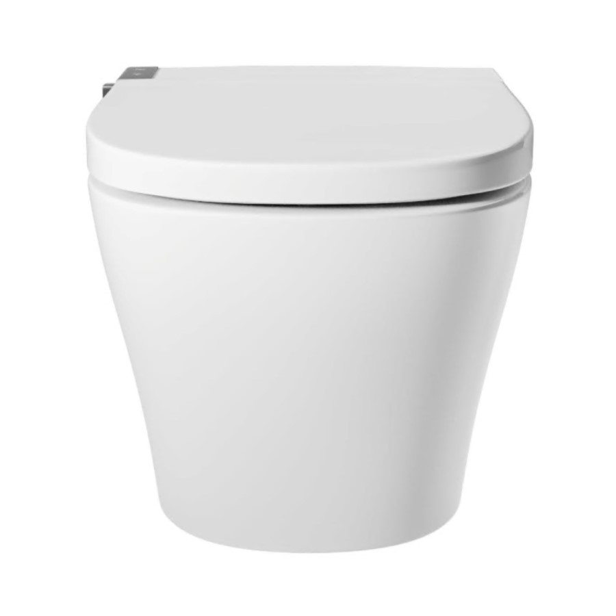 Wall Hung Smart Bidet Japanese Toilet with Heated Seat, White Glass Cabinet, Frame, Cistern & Pneumatic Dual Flush Button - Purificare