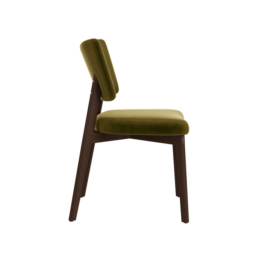 Round Walnut Dining Table Set with 4 Olive Green Velvet Curved Back Dining Chairs - Seats 4 - Hana