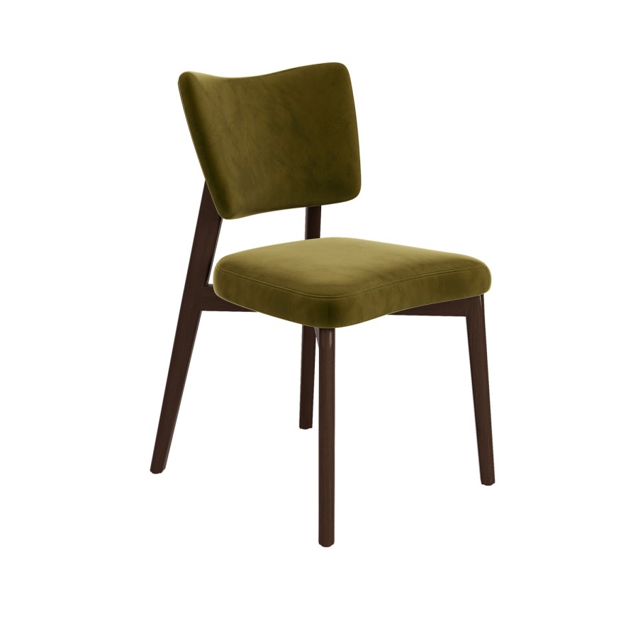 Round Walnut Dining Table Set with 4 Olive Green Velvet Curved Back Dining Chairs - Seats 4 - Hana