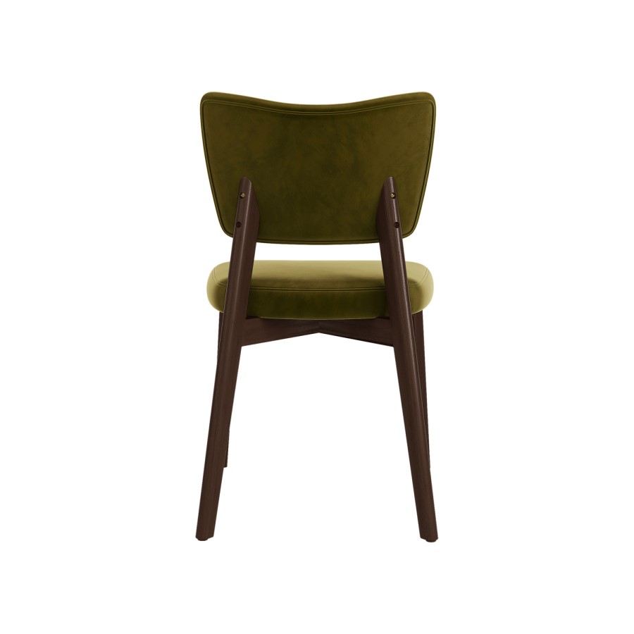 Round Walnut Dining Table Set with 4 Olive Green Velvet Curved Back Dining Chairs - Seats 4 - Hana