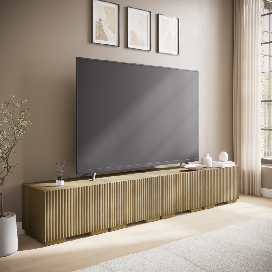 Multifunctional Large Oak Ribbed Floating TV Stand with Storage - TV's up to 85" - Hazel