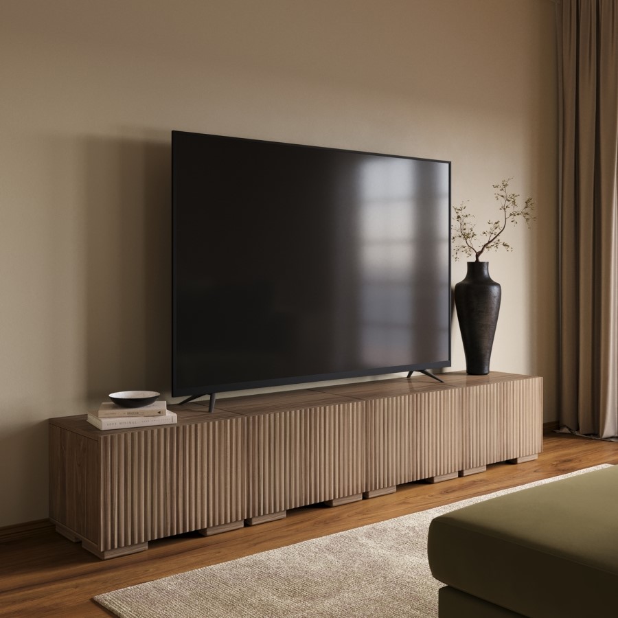 Multifunctional Large Walnut Ribbed Freestanding TV Stand with Storage - TV's up to 85" - Hazel
