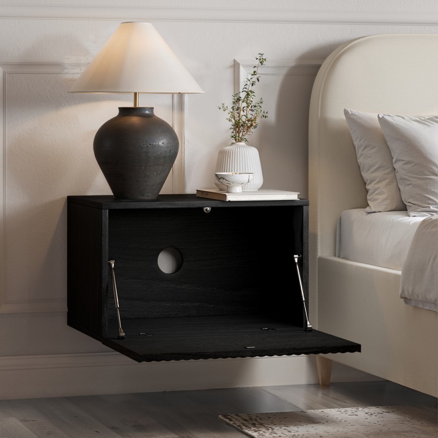 Wide Black Floating Bedside Table with Storage - Hazel
