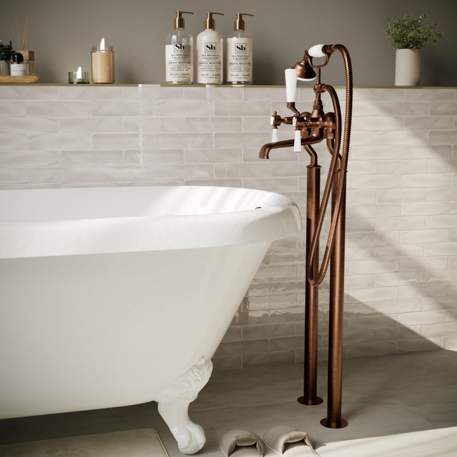 Brushed Bronze Freestanding Bath Shower Mixer Tap with Stand Pipes - Helston