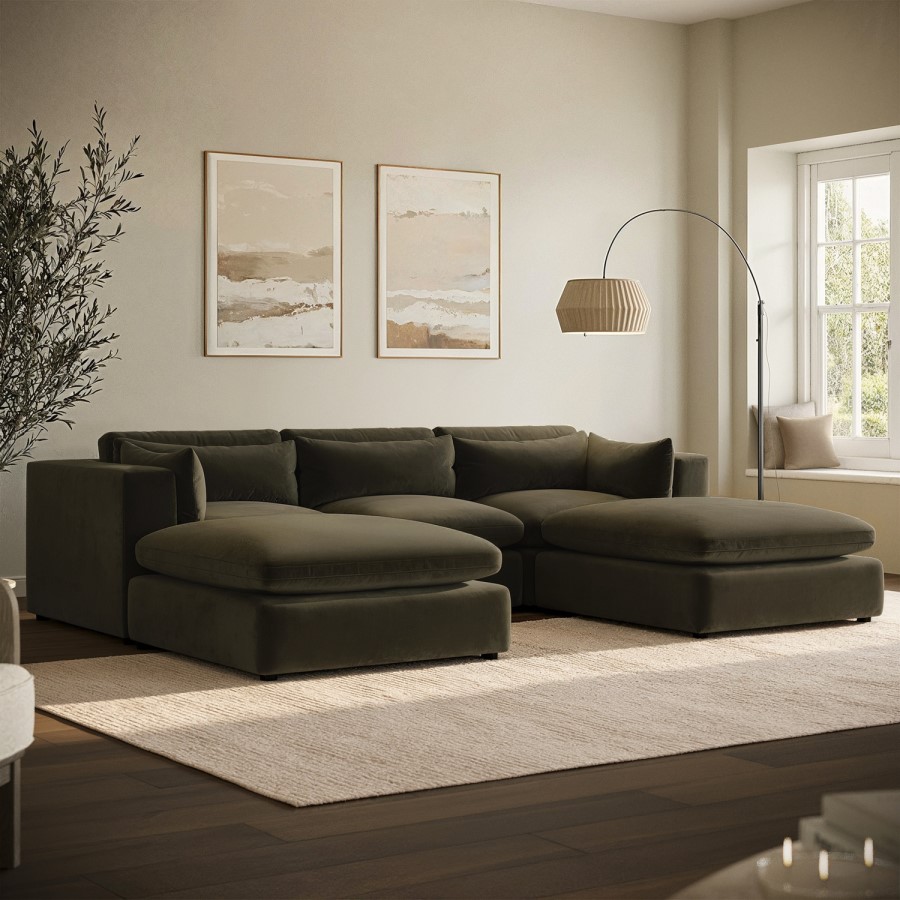 Khaki Green Velvet 5 Seater U-Shape Sofa - Hudson