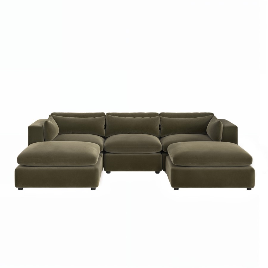 Khaki Green Velvet 5 Seater U-Shape Sofa - Hudson