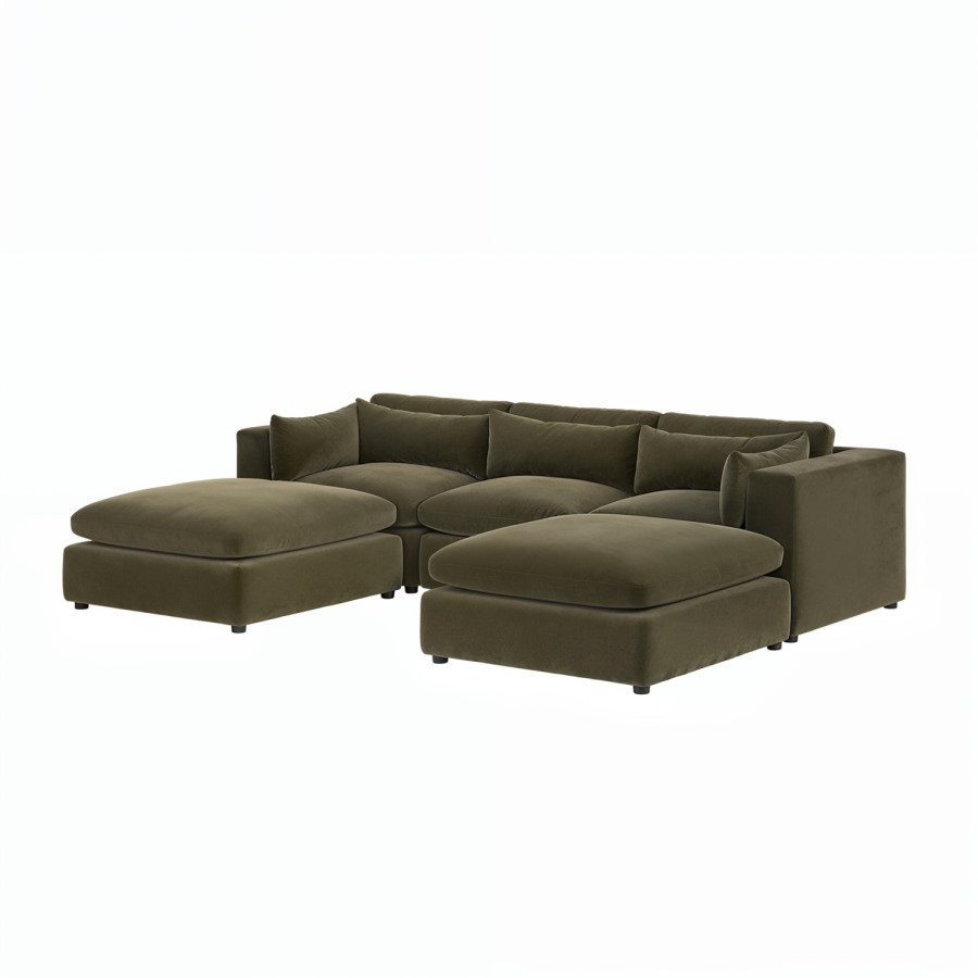 Khaki Green Velvet 5 Seater U-Shape Sofa - Hudson