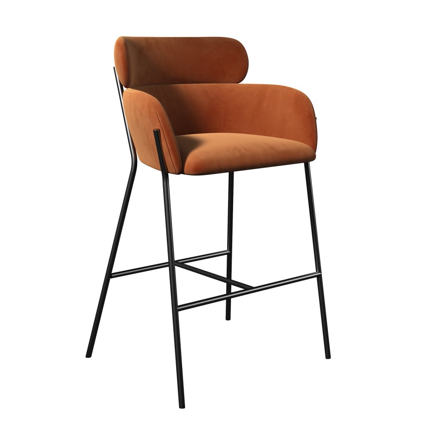 Set of 2 Burnt Orange Velvet Curved Kitchen Stools with Back - Isla