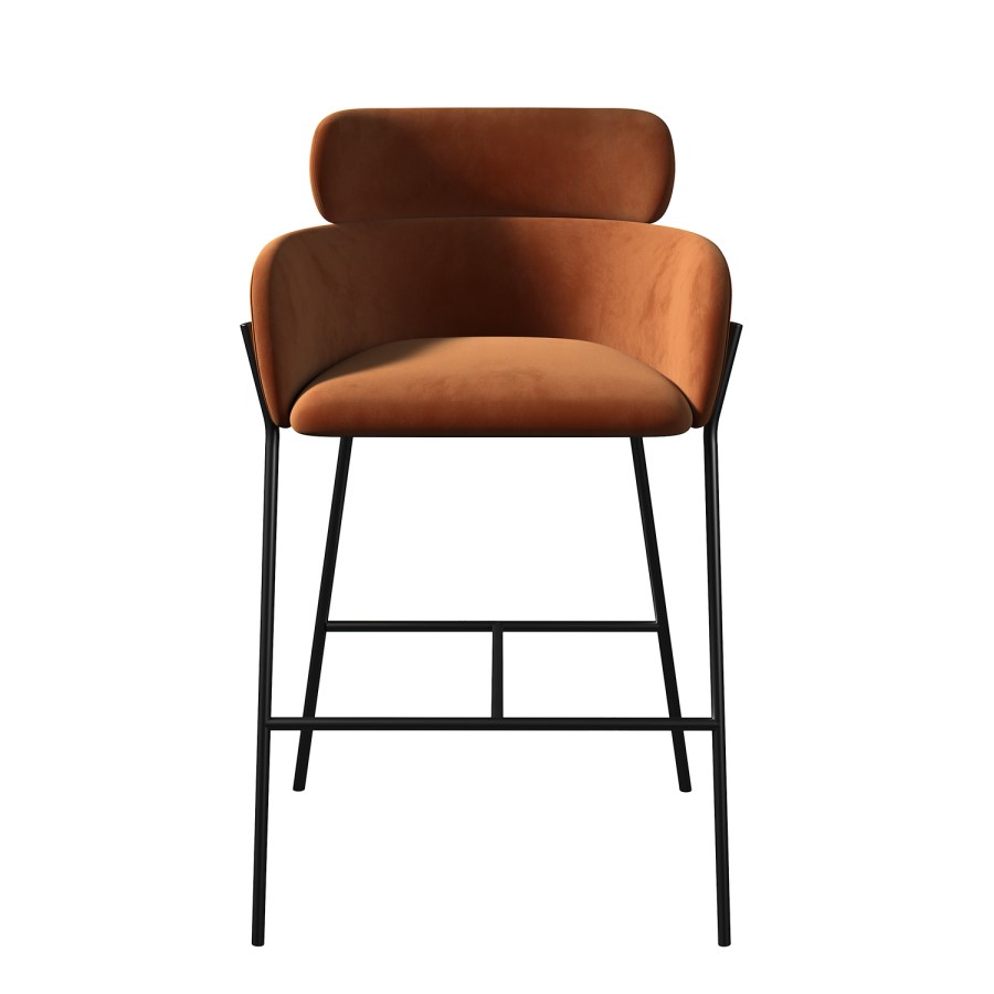 Set of 2 Burnt Orange Velvet Curved Kitchen Stools with Back - Isla