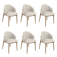 Set of 6 Beige Upholstered Curved Dining Chairs With Solid Oak Exposed Back - Kori
