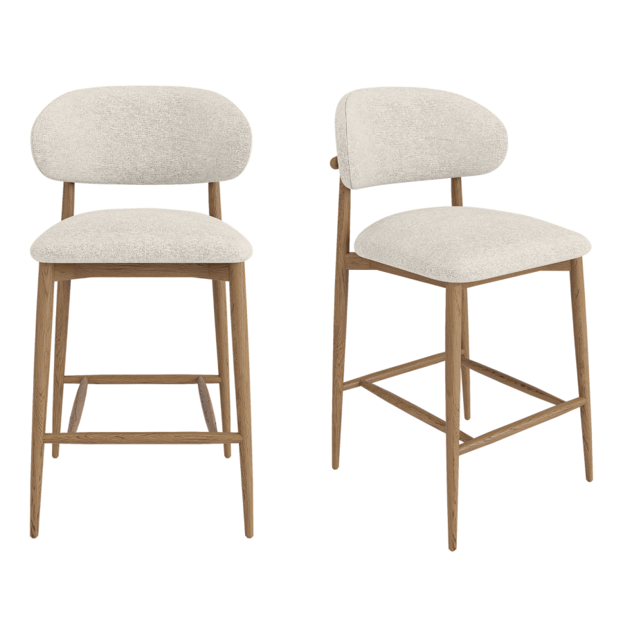 Set of 2 Beige Upholstered Curved Kitchen Stools With Solid Oak Exposed Back - Kori
