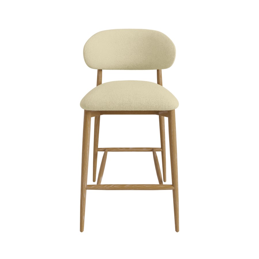 Set of 3 Cream Upholstered Curved Kitchen Stools with Limewash Solid Wood Exposed Back - Kori