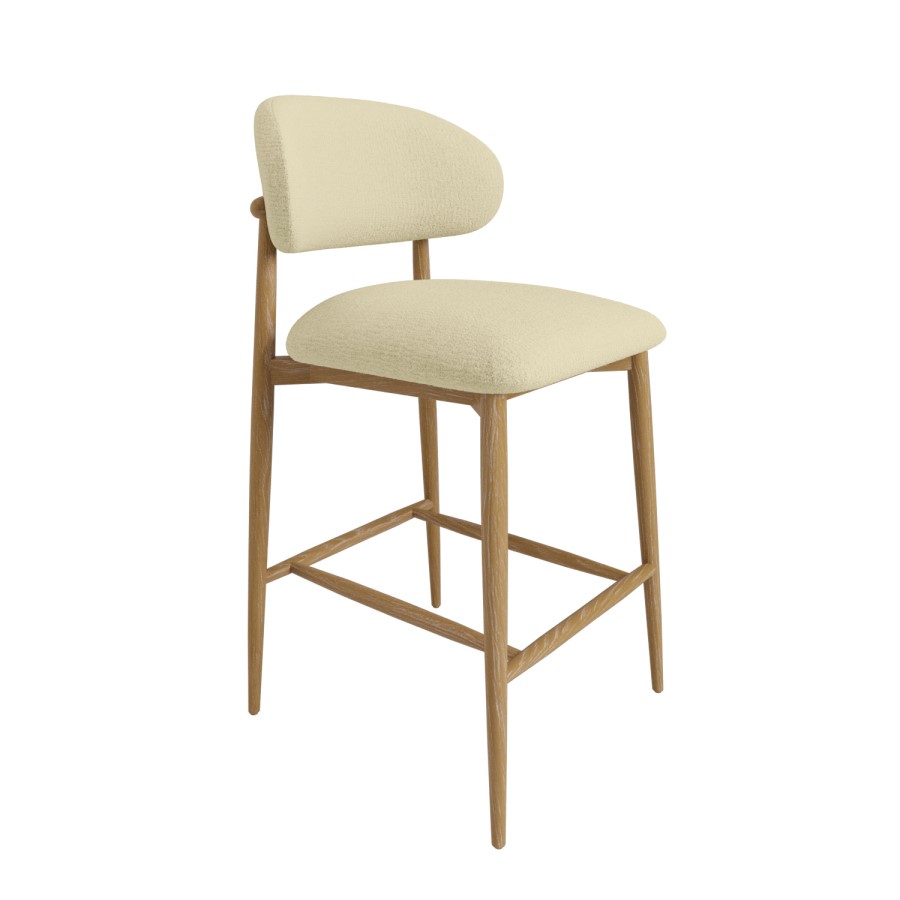 Set of 3 Cream Upholstered Curved Kitchen Stools with Limewash Solid Wood Exposed Back - Kori