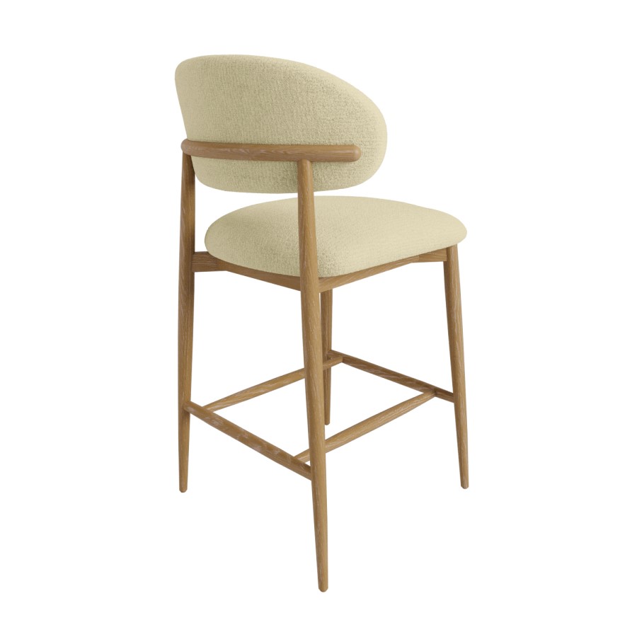 Set of 3 Cream Upholstered Curved Kitchen Stools with Limewash Solid Wood Exposed Back - Kori