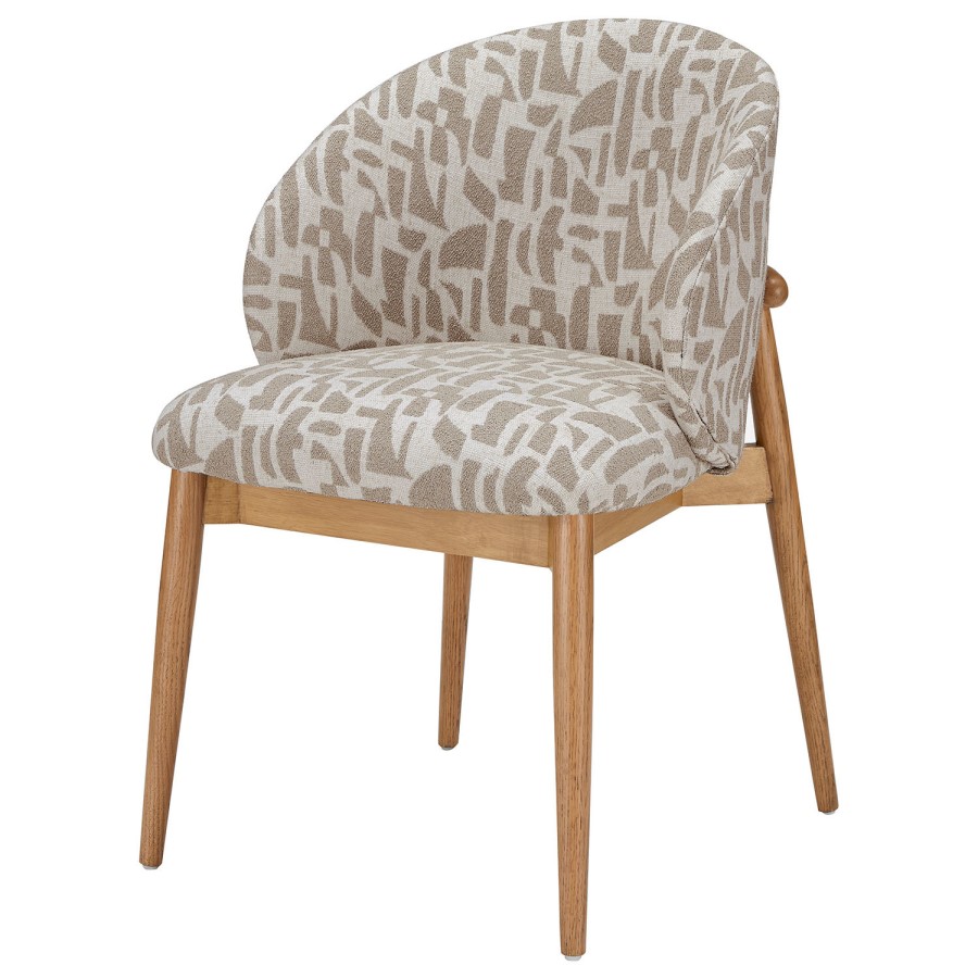 ALMOST PERFECT - Beige Printed Upholstered Curved Dining Chair With Solid Rustic Oak Exposed Back - Kori